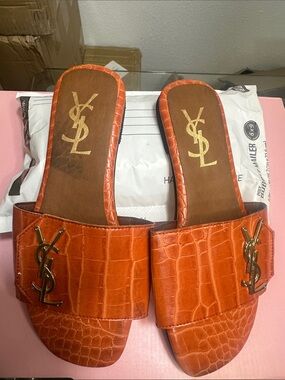 Croc-Embossed Orange Slide Sandals with Gold Logo